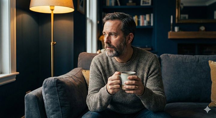 Zamyślony mężczyzna na kanapie z kawą - kryzys w związku i samotność