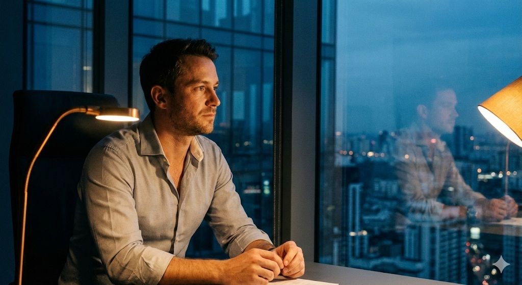 Menedżer w biurze patrzący w okno - wypalenie zawodowe i stres